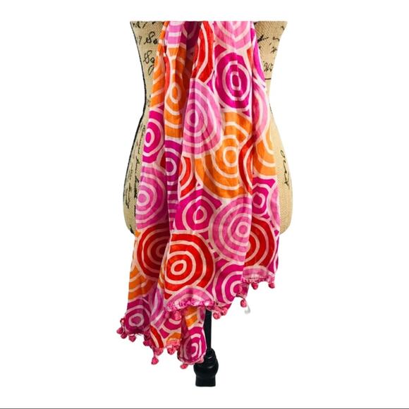 Pink Orange White Scarf or Wrap with Pink Pom Pom Trim - Picture 7 of 14